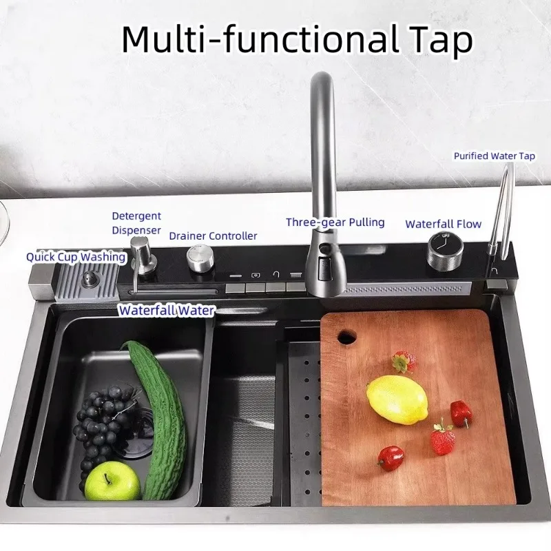 Single Bowl Stainless Steel Kitchen Sink with Integrated Pulling Tap Waterfall Faucet Set Apron Mount Top Flying Rain Design