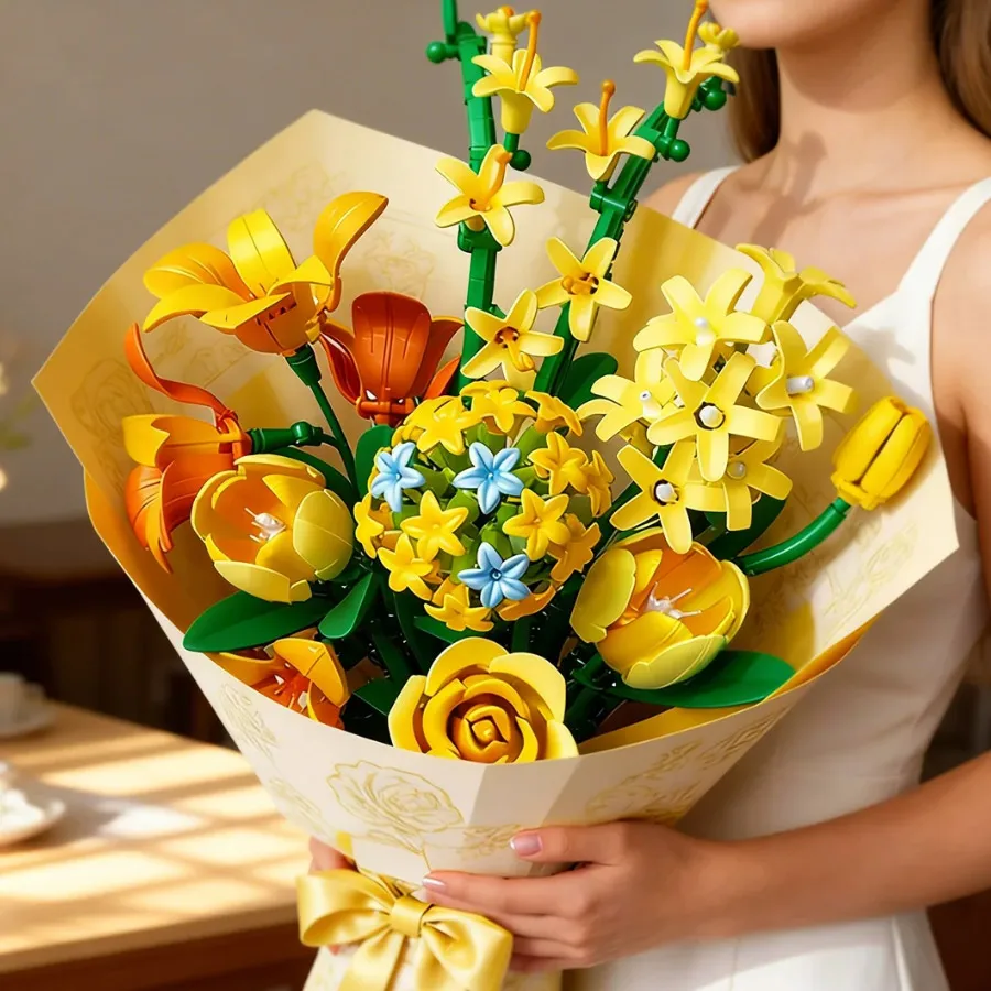 Mixed Lily Tulip Rose Building Block Flower Stems Set Yellow Brick Flowers DIY Eternal Flower Floral Decor Desk Decoration Gift