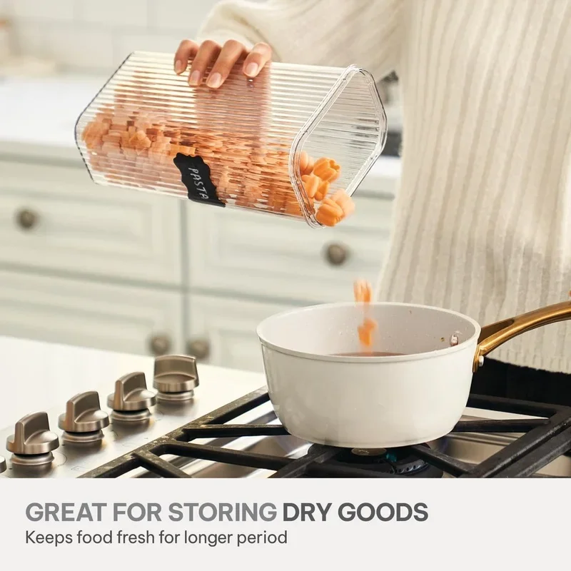 8 Piece Pantry Storage Container Set with Snap Lock Lids Clear Ribbed Design Food Organizer Includes Labels Perfect Dry Goods