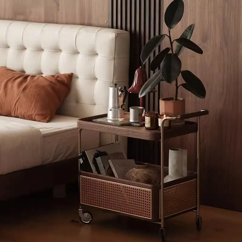 Black walnut solid wood coffee table rattan storage side cabinet sofa side storage trolley