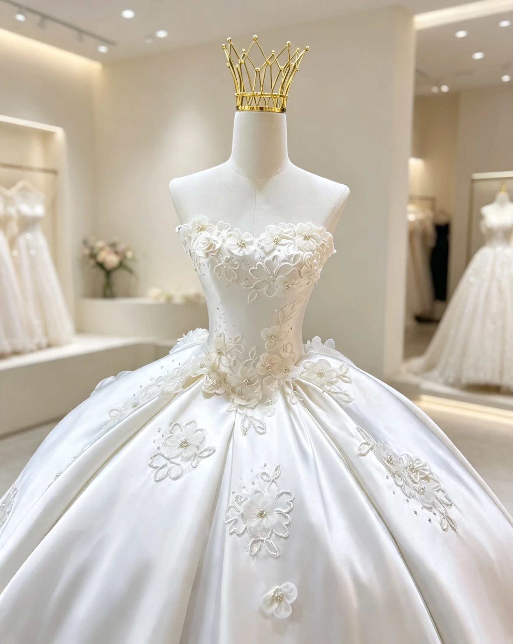 Strapless Satin Wedding Dress 3D Floral Appliques Cathedral Train Bridal Ball Gown Lace‑Up Back Custom Size Elegant Wedding Gown