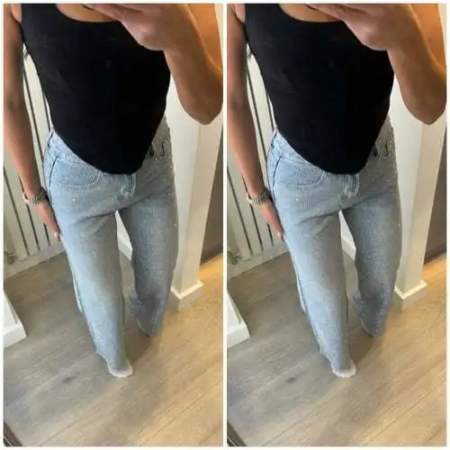 

Jeans Women Denim Wide Leg Pants Diamonds High Waist Washed Distressed Pockets Full Length Streetwear 2025 Straight Trousers