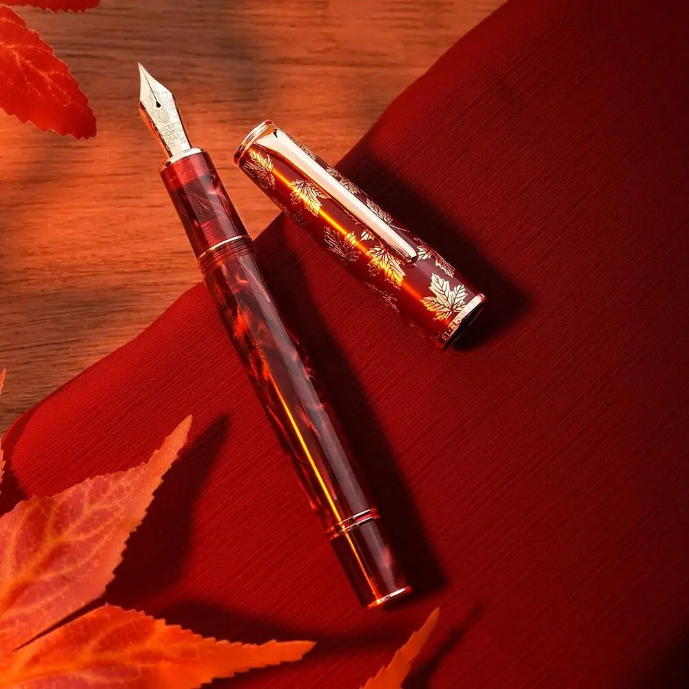 Hongdian N8 Resin Fountain Pen Red Acrylic Maple Leaf Carving Cap EF/F Nibs Trim Smooth office Writing gifts pens with Converter