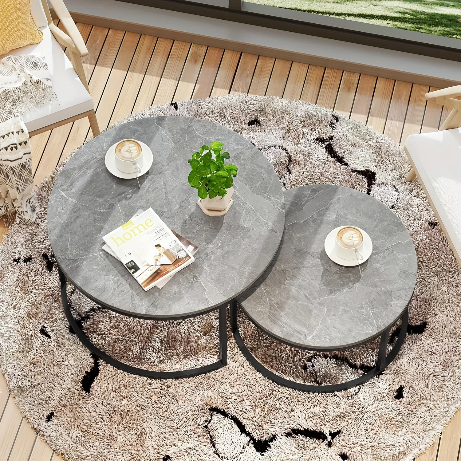 Round Coffee Tables Set of 2, Living Room Nesting Center Tables with Grey Marble Pattern Wood Tabletop and Metal Frame,