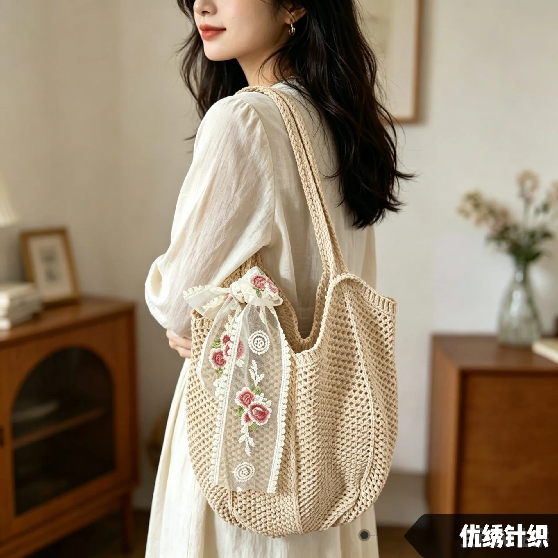 Crochet Knit Tote Bag Lightweight Polyester Hollow Shoulder Bag Summer Beach Daily Casual Handbag For Women