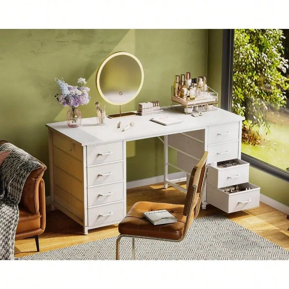 

Inches Computer Desk With 8 Fabric Drawers, Modern Office Desk With Large Storage For Home Office, Study, White