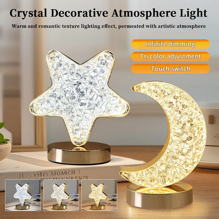 

Crystal LED Star Moon Night Light Touch Switch Stepless Dimming Table Lamp USB Rechargeable Bedside Decor Ambient 3D Moon Lamps
