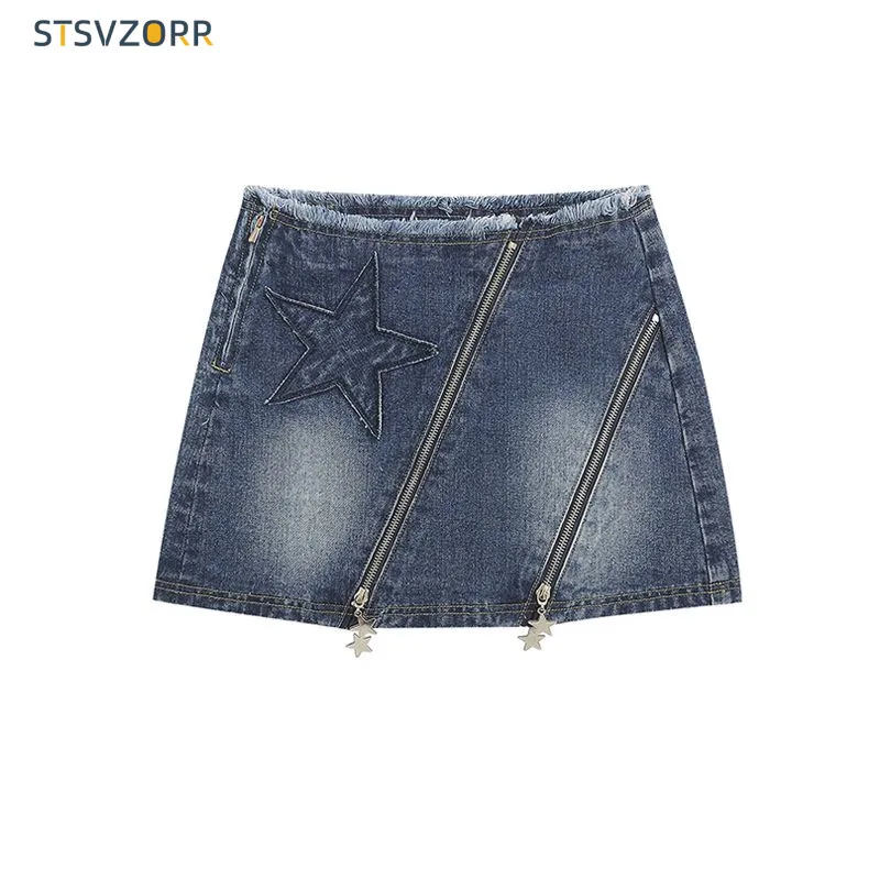 STSVZORR Denim Skirt Women's Summer New Y2k High Waist Slim A-line Wrapped Hip Skirt Bright Line Decoration