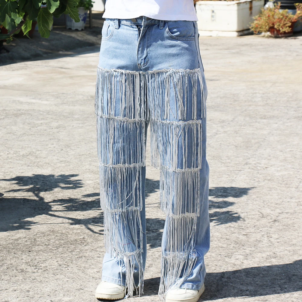 TWOTWINSTYLE Denim Spliced Tassel Jeans For Women High Waist Patchwork Pockets Vintage High Street Jean Female Fashion Clothing