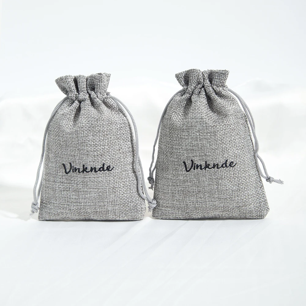 100Pcs Grey Drawstring Natural Burlap Bag Jute Wedding Candy Gift Bags Custom Logo Travel Jewelry Earrings Rings Packaging Pouch