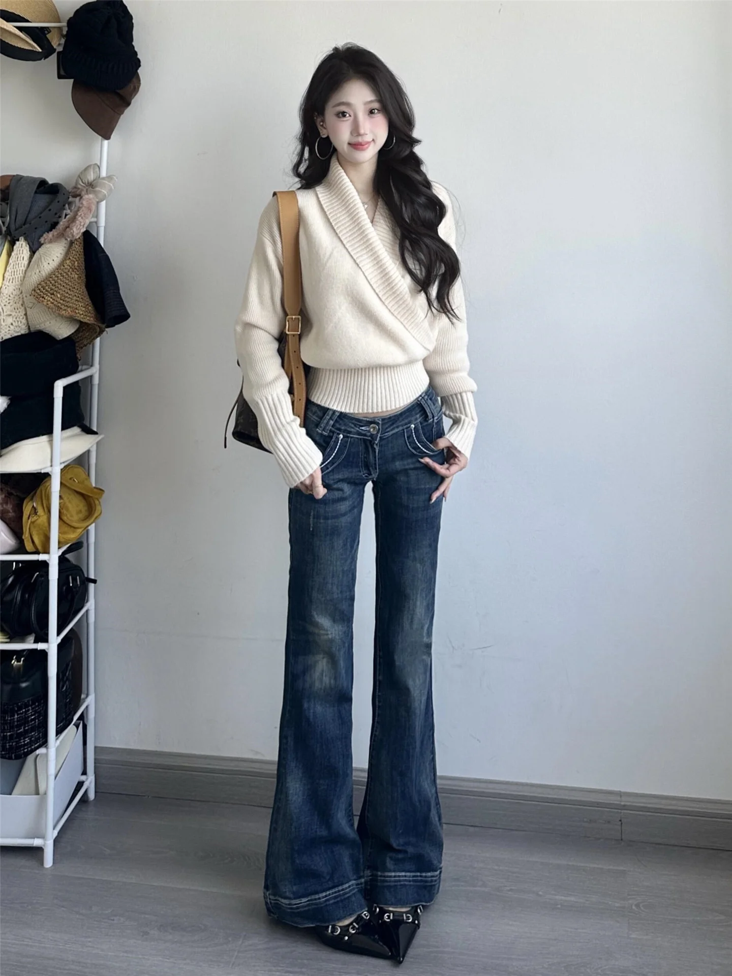 

American Style Retro Y2K Loose Fit Low Waist Bell Bottom Jeans Women's Deep Blue Spring Autumn Slimming Floor Length Pants