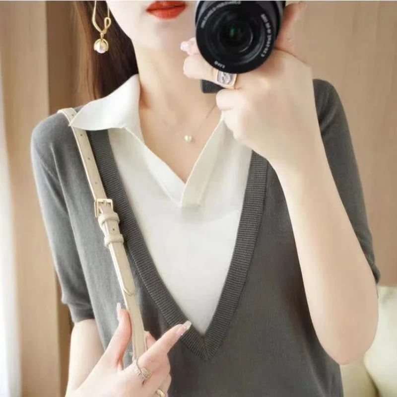 Summer New Short Sleeve Fake Two Piece Loose T Shirts Polo Neck All-match Solid Elegant Tops Tees Vintage Fashion Women Clothing