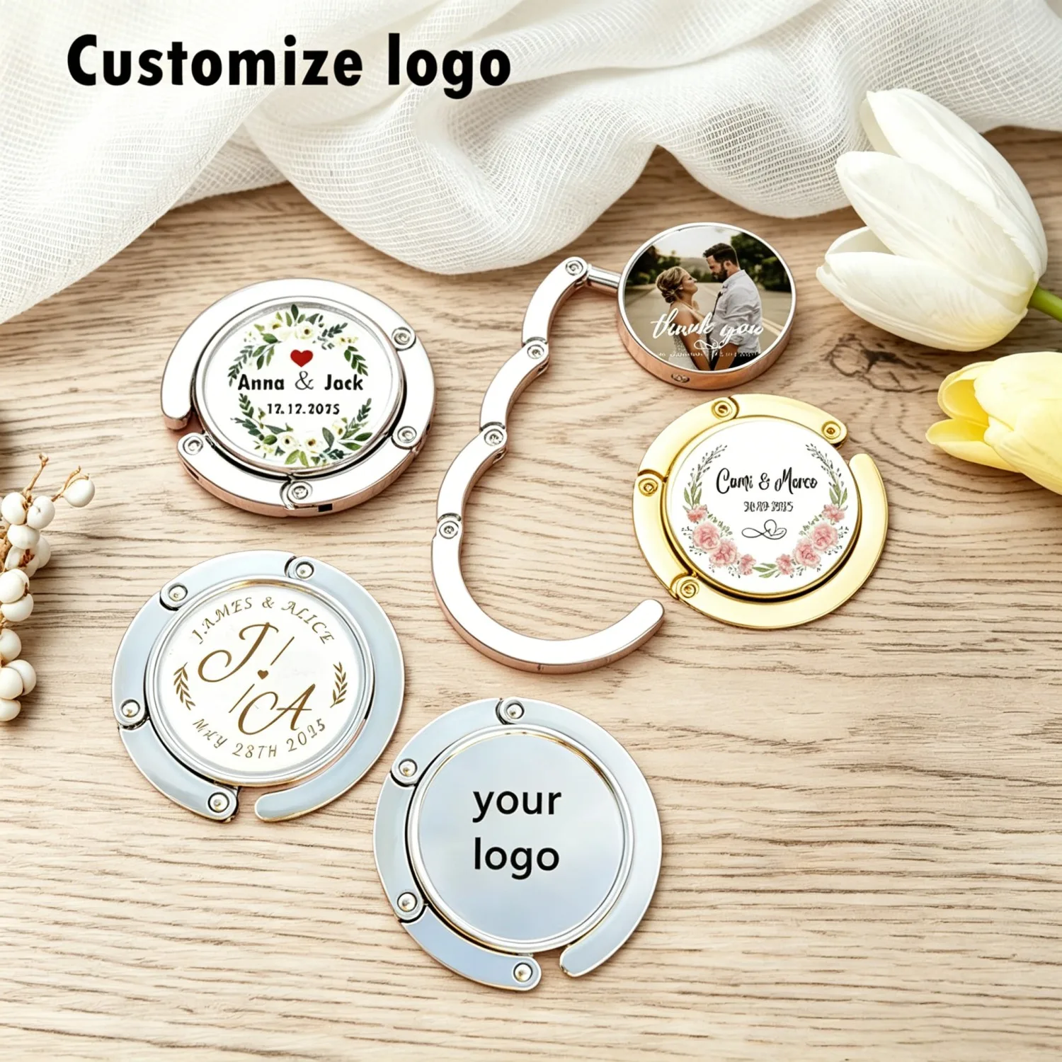 Personalisierte Hochzeitsgeschenke für Gäste, tragbar, modisch, faltbar, für Geldbörse, Handtasche, Tasche, Aufhänger, Hakenhalter, Tischhaken, multifunktional – Detail 5