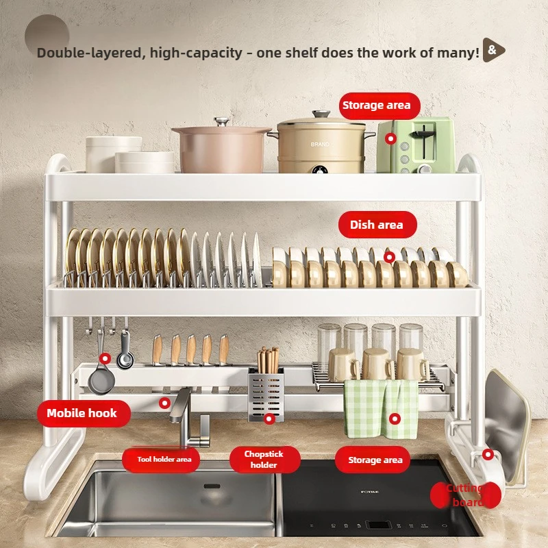‌ تجفيف الأطباق المثبت على الحوض شديد التحمل، حامل أواني قابل للتعديل، برج تخزين المطبخ المقاوم للصدأ، منظم أدوات المائدة القابل للطي