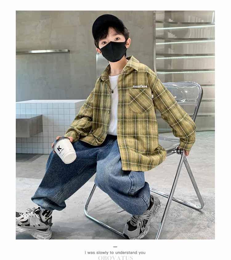 Frühlings-Herbst-Jungenhemd mit Karomuster und Tasche, Langarm, Koreanischer Casual-Stil, Baumwollbluse für größere Kinder, Coole Streetwear für Kinder – Detail 7