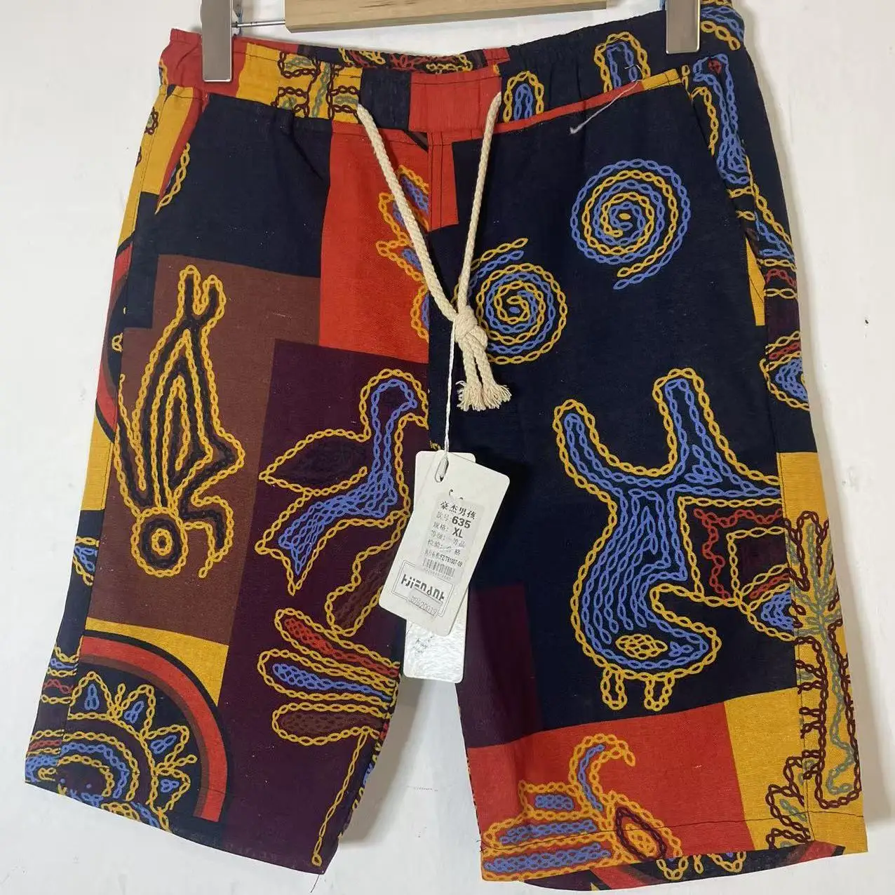 

Unisex Cotton Linen Shorts Summer Beach Casual Sports Loose Fit Men's Women's Floral Pattern mid High Waist Rope Closure