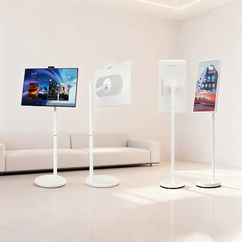27 Inch Portable Wireless Touch Screen Monitor Smart Digital Display Rechargeable Mobile TV Floor Standing on Wheels for Home