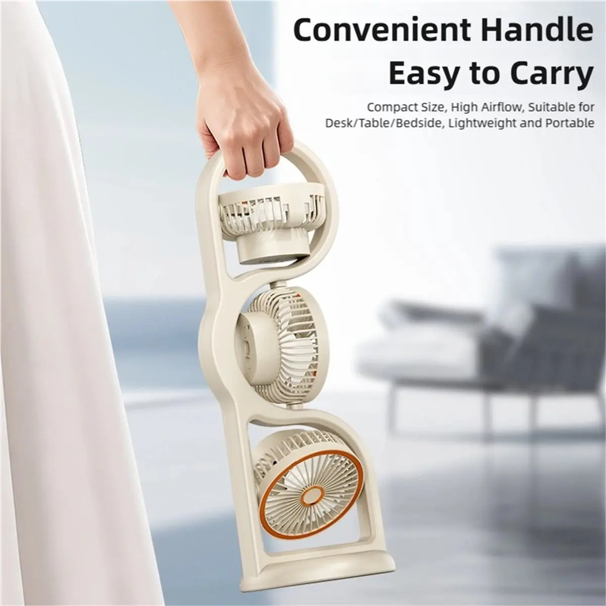 DT56 Portable Three-Head Fan USB Rechargeable 360° Circulation 5-Speed Wind Dormitory and Outdoor Desktop Fan A