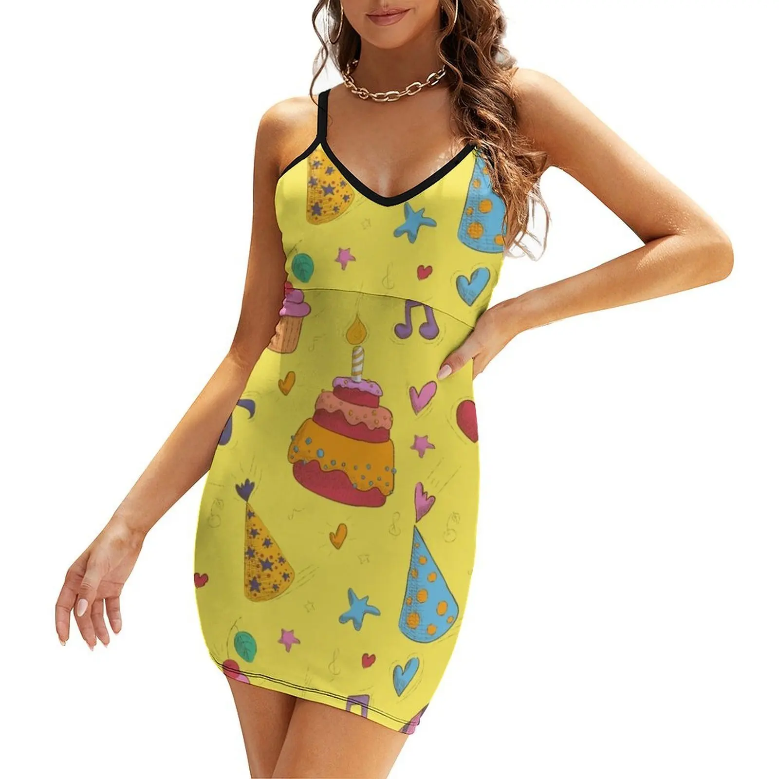 

Happy Birthday Seamless Pattern with Cake, Cupcakes and Hats for Children Party Sling Dress Women's summer dress