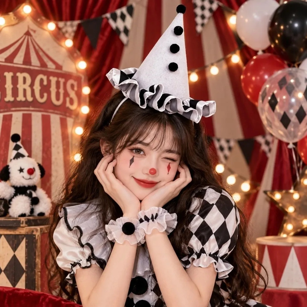Ball Halloween Joker Headband Dot Grid Classic Joker Hats Hair Hoop Ruffle Colorful Funny Headwear Circus Performance