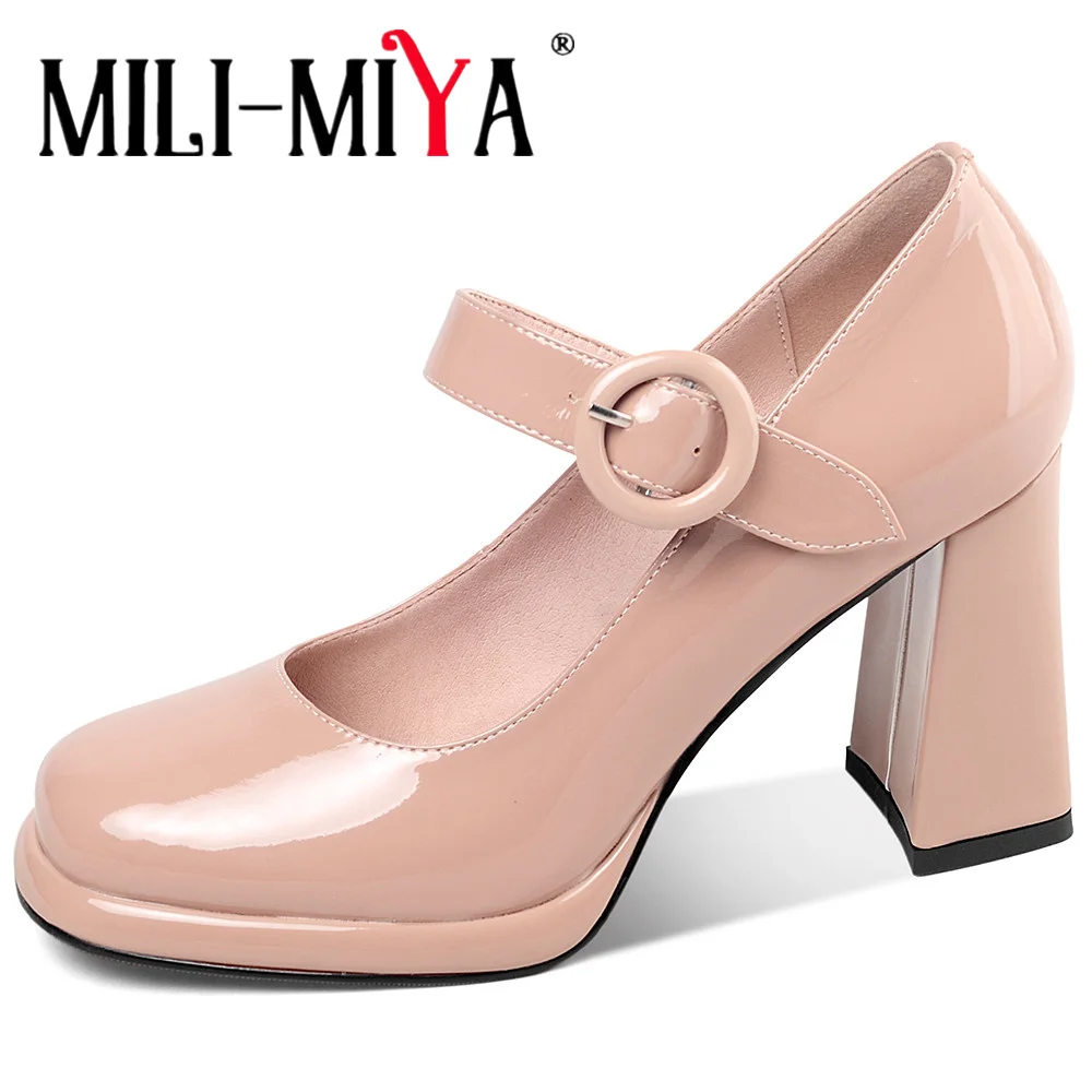 

MILI-MIYA Concise Solid Color Mary Janes Shoes Women Cow Patent Leather Pumps Round Toe Thick Heels Buckle Strap Handmade