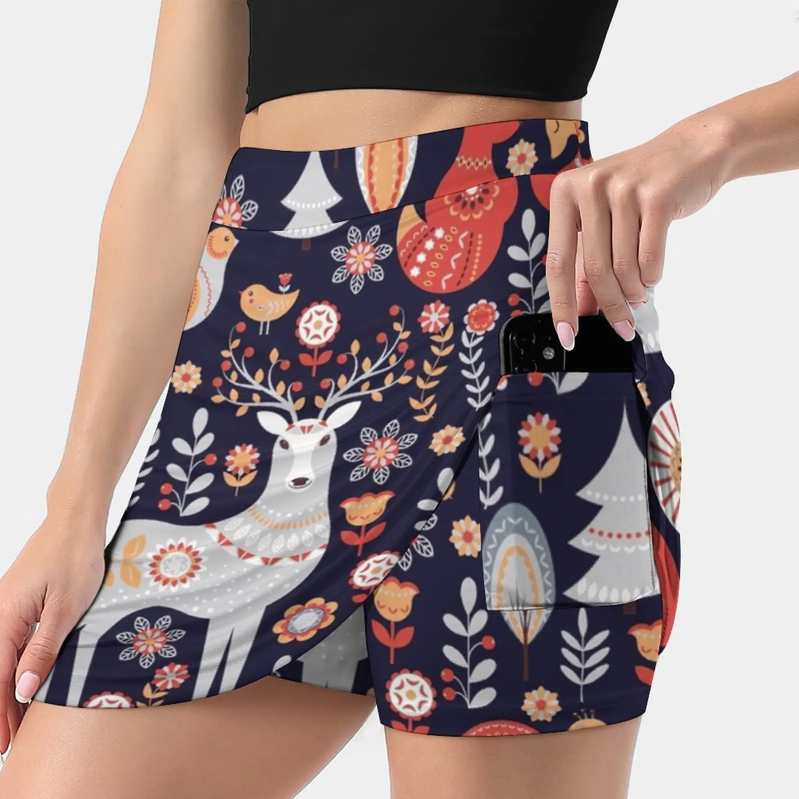 Fairy - Tale Forest. Foxes Deer Birds Owls Flowers And Herbs On Women's Fashion Sporting Skirt With Pockets Tennis Golf Running