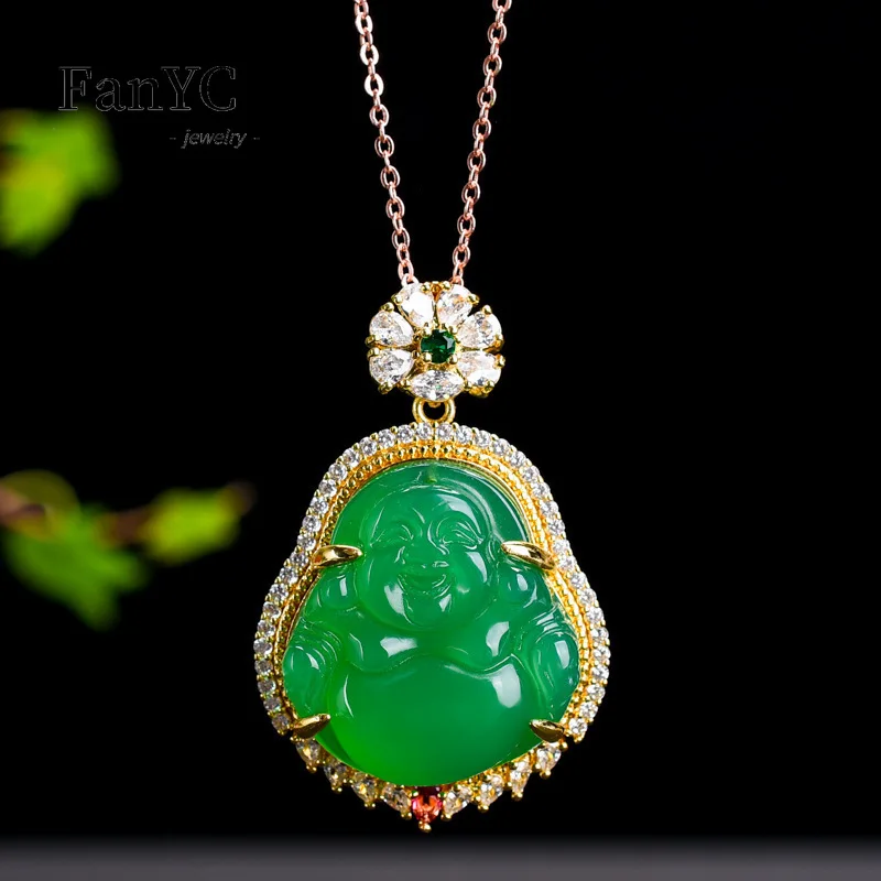 

Natural Chrysoprase Buddha Pendant Female 925 Silver-plated Inlaid Hand-carved Exquisite Fashion Agate Necklace Ladies Gift