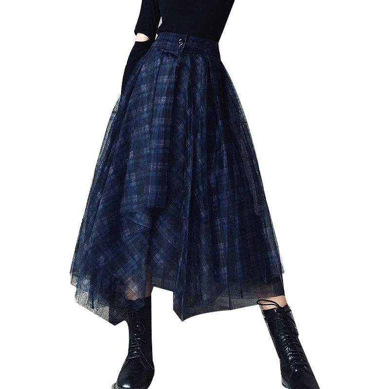 TWOTWINSTYLE Plaid Patchwork Mesh Women's Skirts High Waist Hit Color Elegant A Line Skirts Female 2020 Spring Fashion New
