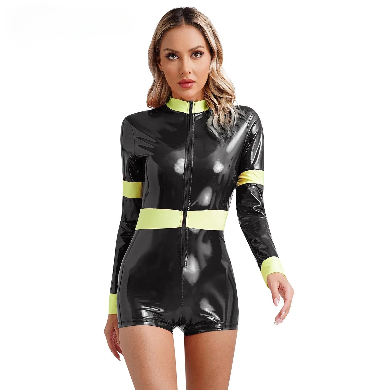 

Women Faux Latex Playsuits Long Sleeve Shiny Patent Leather Jumpsuits Splicing Contrasting Colors Stretch PU Bodycon Bodysuits