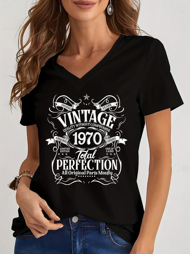 Summer Vintage 1971 3D Print T-shirt Women Streetwear Casual T Shirts Y2k Tops Woman Harajuku V-Neck Tees Oversized Clothing