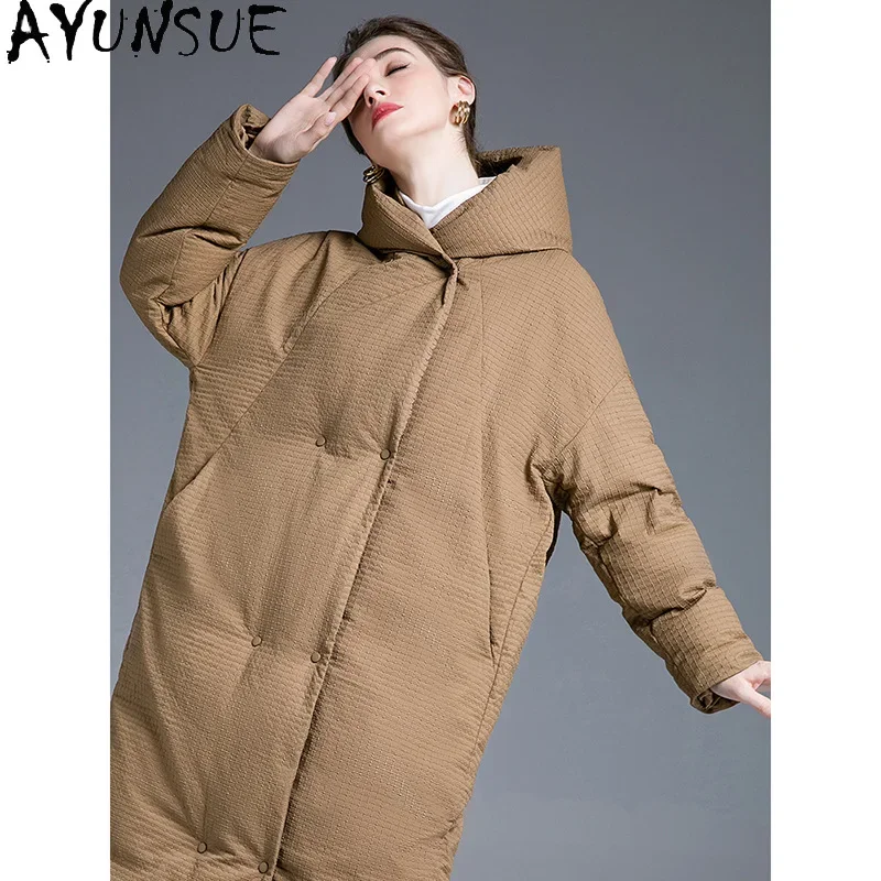 AYUNSUE White Duck Down Puffer Jacket Women Clothing Plus Size Down Coats with Hood Woman Winter Long Coat 2024 Пуховик Женский