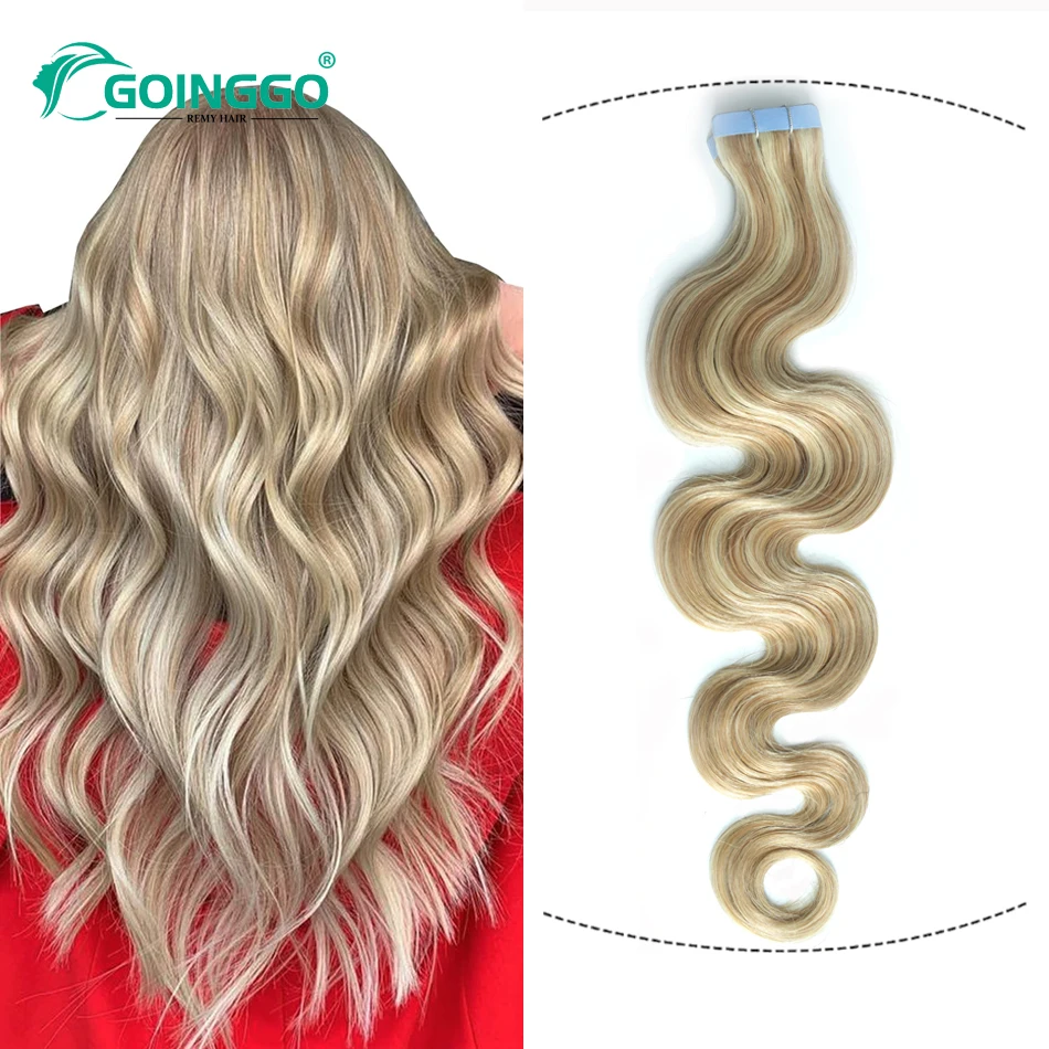 P18/60 Body Wave Ombre Remy Tape In Human Hair Extension Highlight Medium Brown Platinum Blonde Real Human Hair Tape Extensions