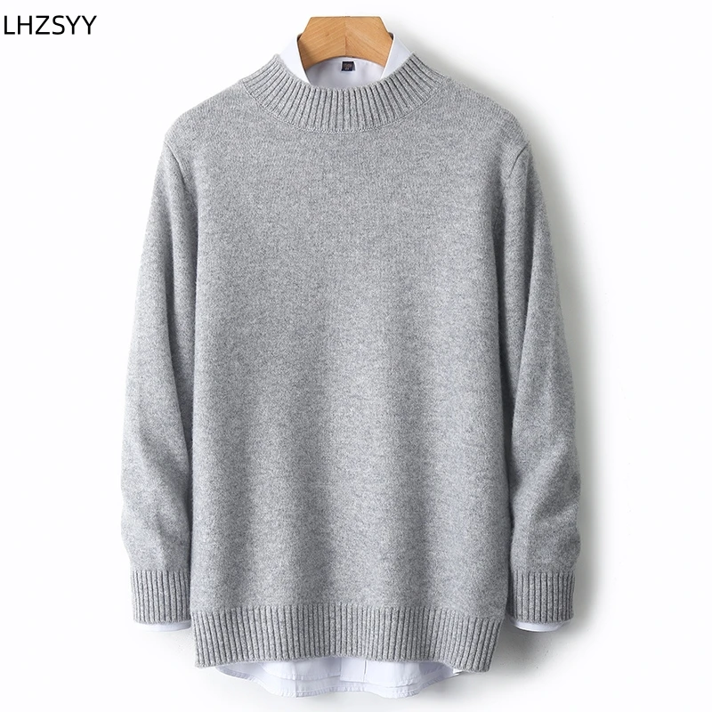 

LHZSYY Men's New 100% Merino Wool Sweater Autumn Winter Half High Neck Thick Jumper Solid Loose Knit Base Shirt Casual Warm Tops