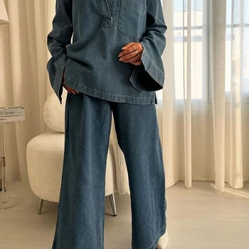 TRAFZA Vintage Casual Denim Chic Women Suit V Neck Long Sleeve Tops + Elastic Straight Pants Fashion 2024 Autumn Street Wear Sets