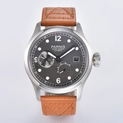 Fashion Parnis 46.5mm Gray Dial Automatic Men Watch Leather Strap Calendar Mechanical Men's Watches Luxury 2024 Man Gift Clock