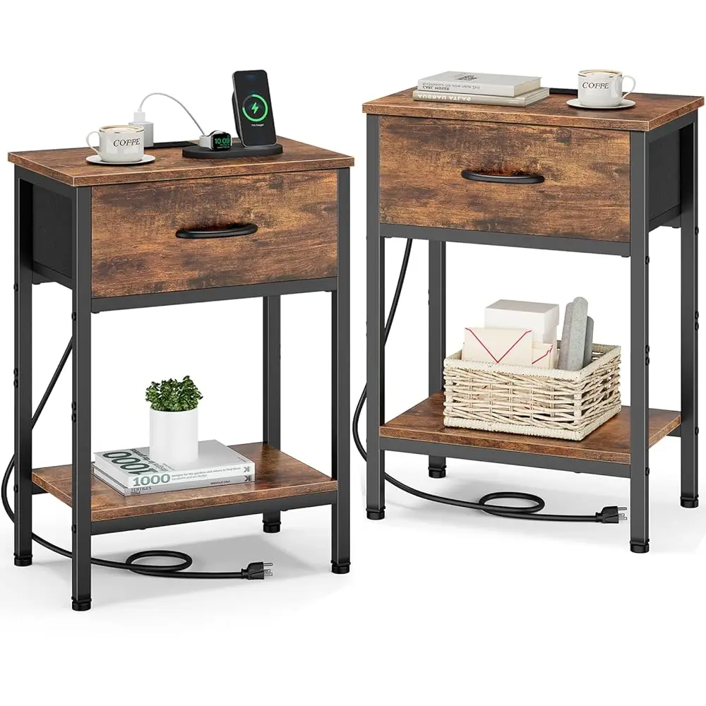 

Nightstand Set Of 2 With Charging Station, Bed Side Table With Fabric Drawer, Small End Table With 2-Tier Storage Shelves,