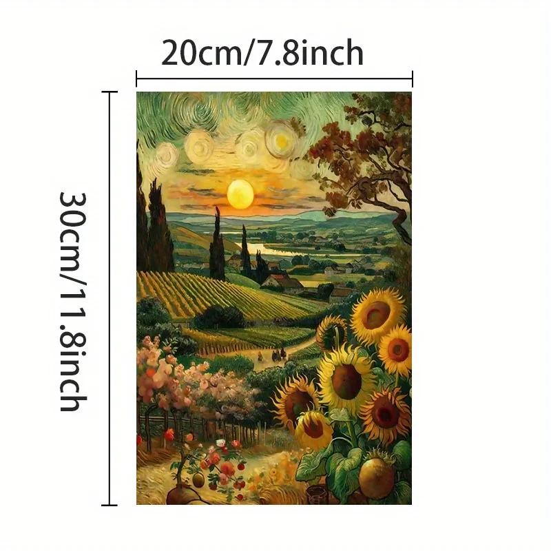 2D Flat, 1pc Van Gogh Sunflowers & Sunset Frameless Canvas Print - Modern Classic Art Deco Vertical Wall Art, High-Quality Vi
