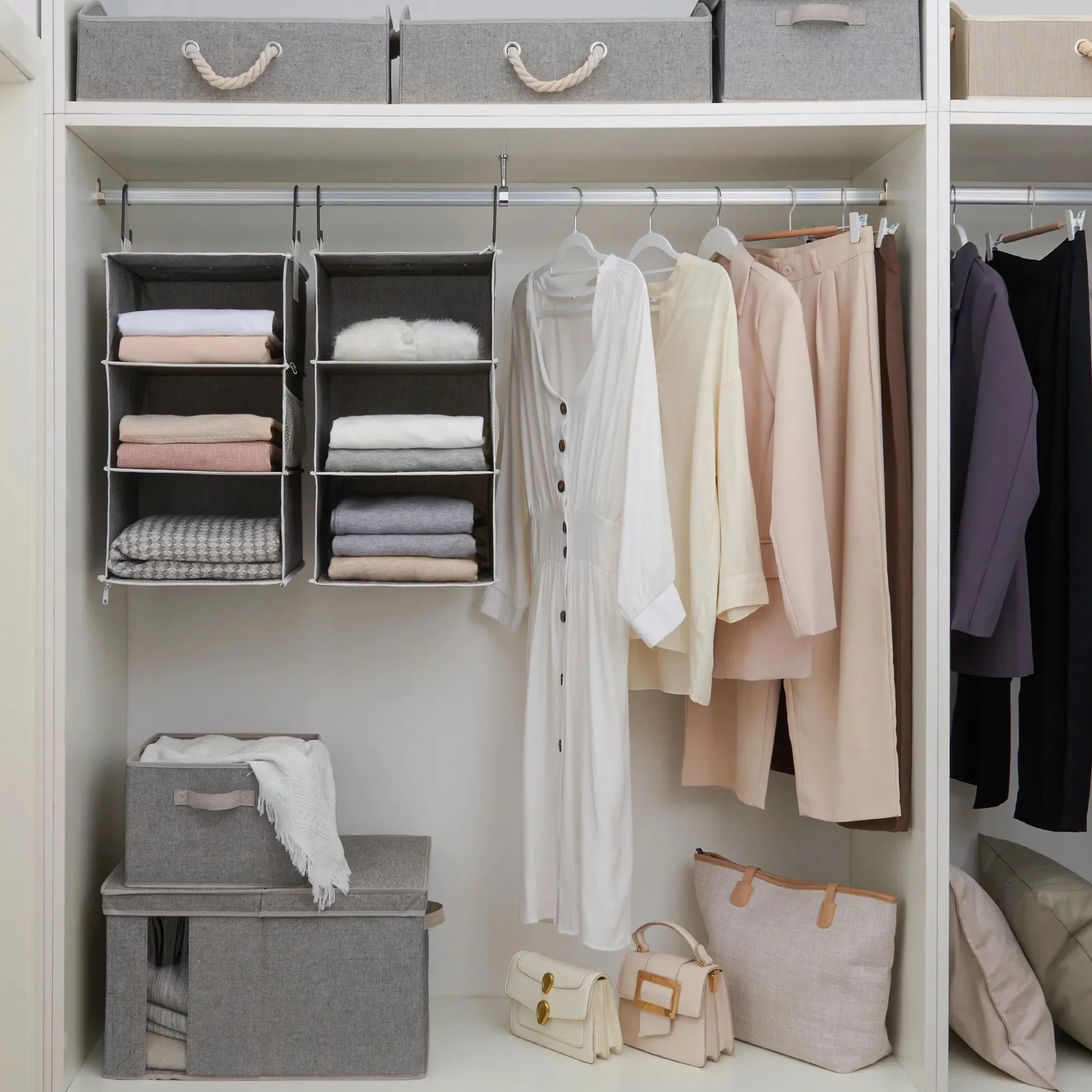 ตู้เสื้อผ้าแบบแขวน 6 ชั้น สีเทา ผ้าโพลีเอสเตอร์ ขนาด 12x12x42 นิ้ว ประหยัดพื้นที่ ทนทาน สำหรับตู้เสื้อผ้า ห้องนอน ห้องเด็กอ่อน