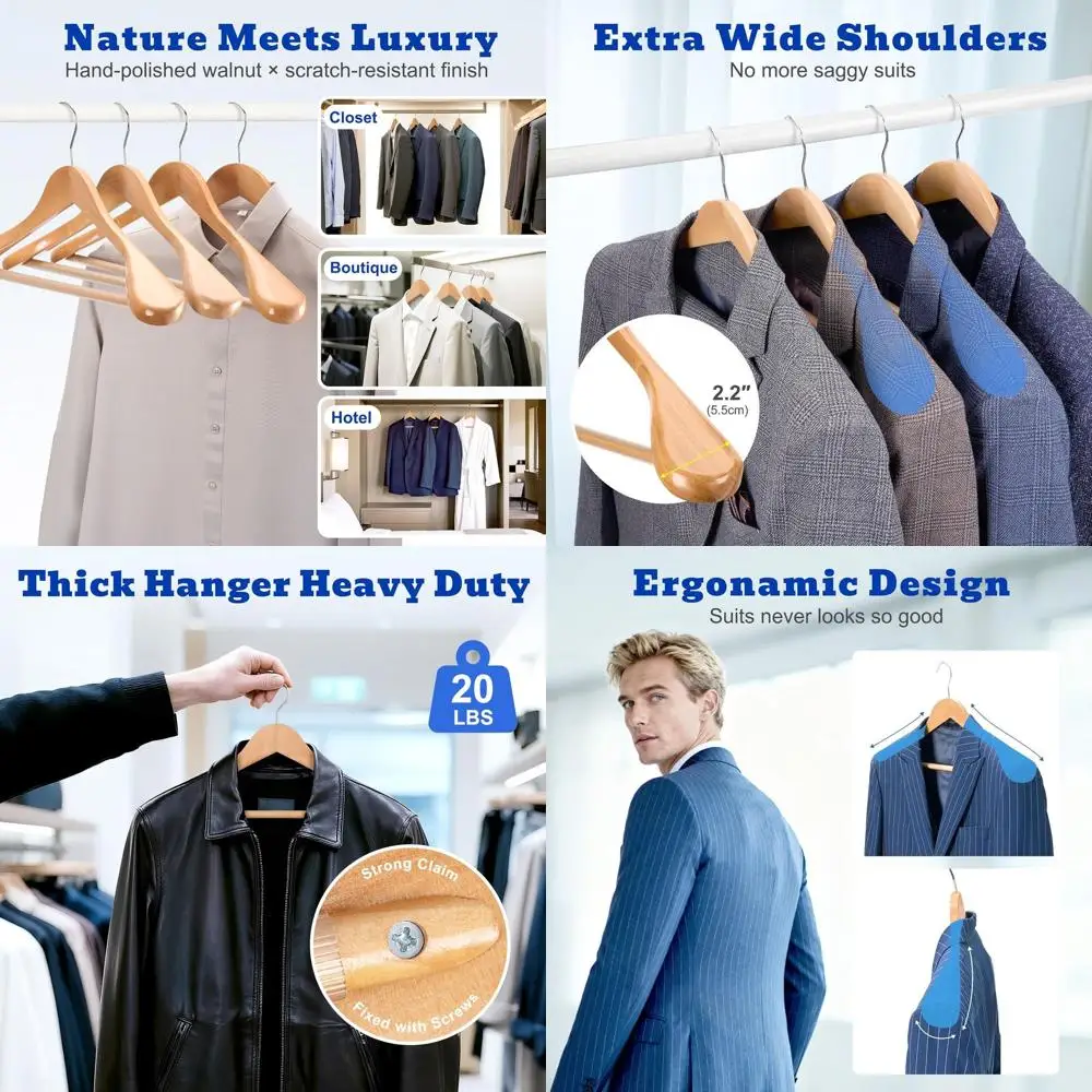 

Набор из 12 натуральных деревянных вешалок с нескользящей планкой для мужских костюмов, пальто, брюк и тяжелой одежды