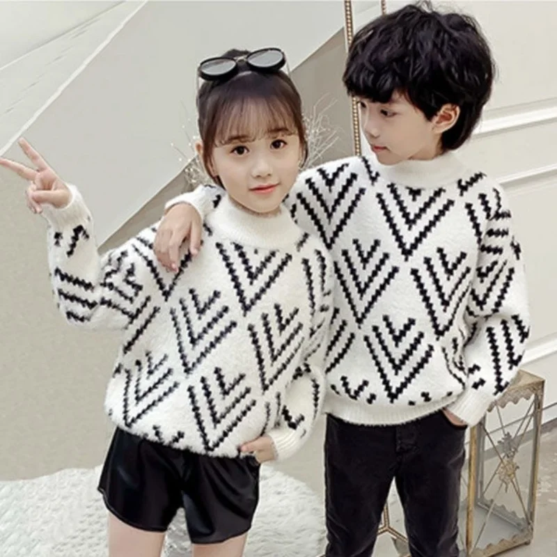 2023 New Kids Clothes Girls Long Sleeve Crew Neck Autumn Winter Thick All-match Classic Kawaii Striped Furry Sweaters Jumpers