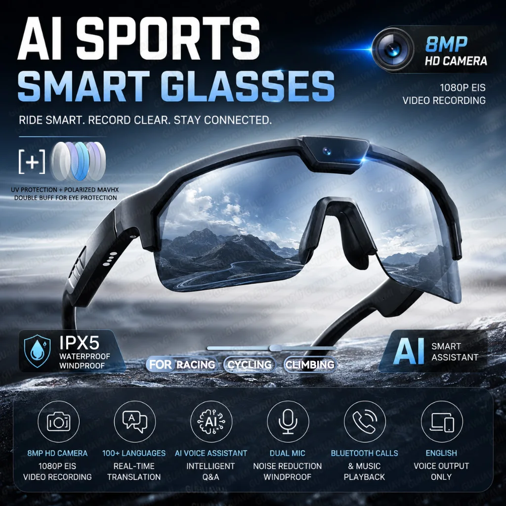 New AI Ultra Pro Smart Glasses 4K Wearable Camera with 6-Axis EIS Stabilization ChatGPT Voice Assistant Waterproof Sport Glasses