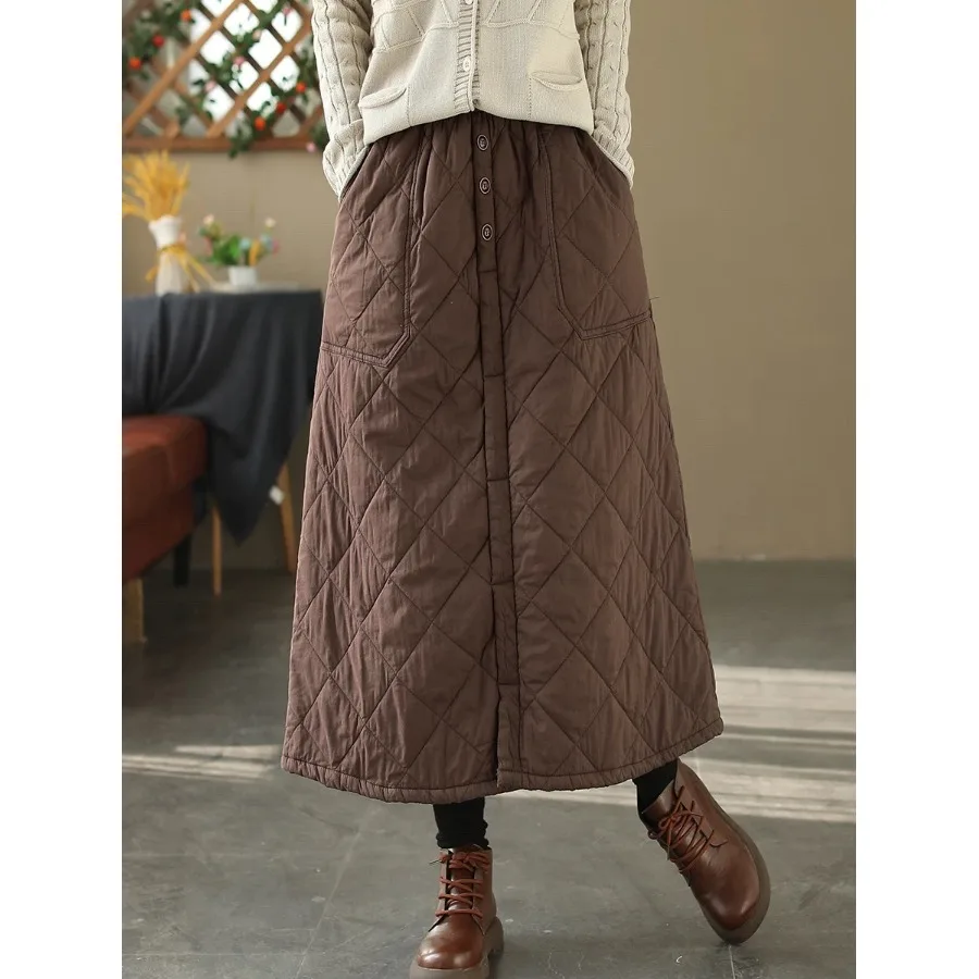 Saia Longa Fena Retrô de Aodão sso, Modelo Evasê Reto, com Estampa de Diamantes, Estilo Casual para o Dia a Dia, Efe...