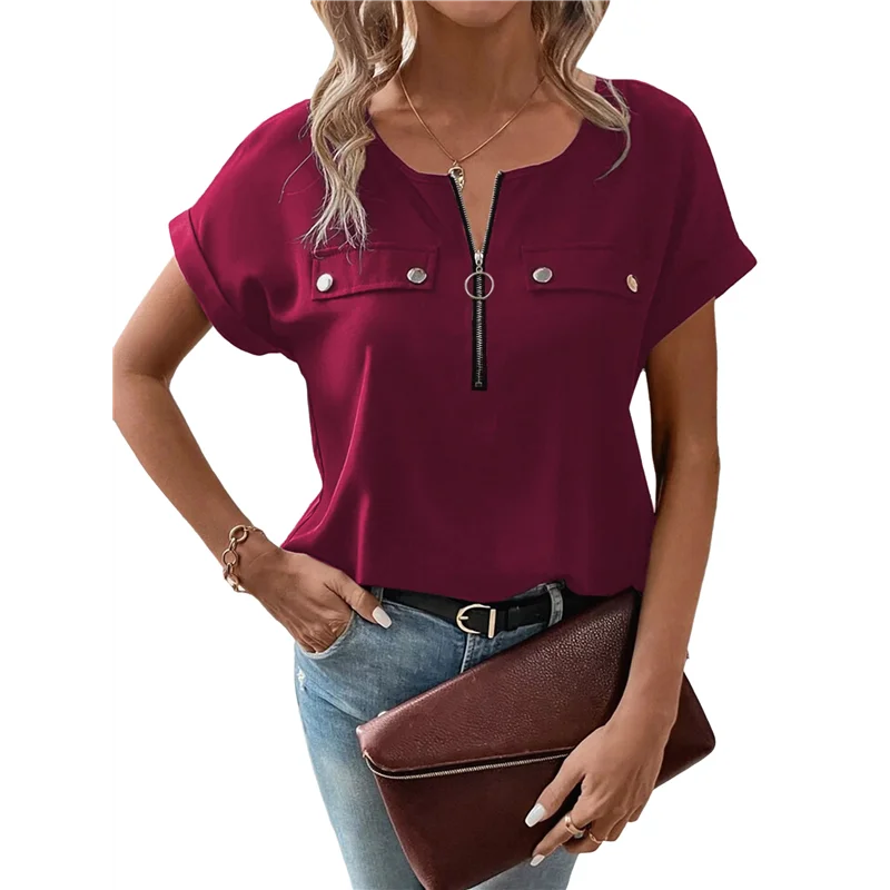 

FX-Women Zipper Up Blouse, Skin Friendly Button Polyester Short Sleeve Zipper Top For Leisure For Female
