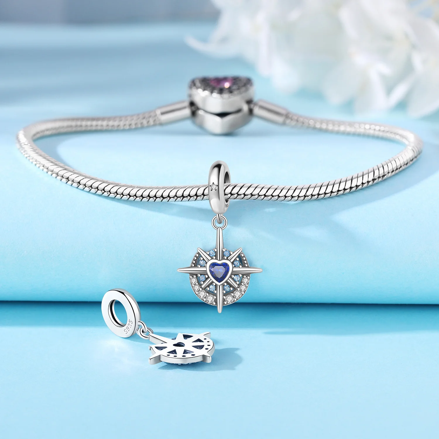 Real 925 Sterling Silver Blue Star Moon จี้ Fit Fine สร้อยข้อมือเดิม Charm ลูกปัดสร้อยคอ DIY เครื่องประดับของขวัญอุปกรณ์เสริม