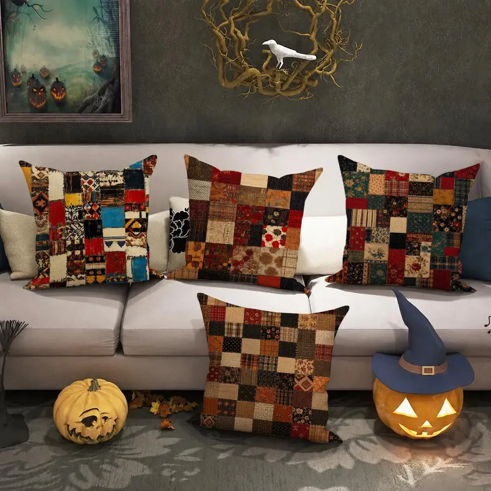 Folk Patchwork Quilt Cushion Cover Halloween decoration trick or treat cushion cover, ghost, pumpkin head, bat decoration