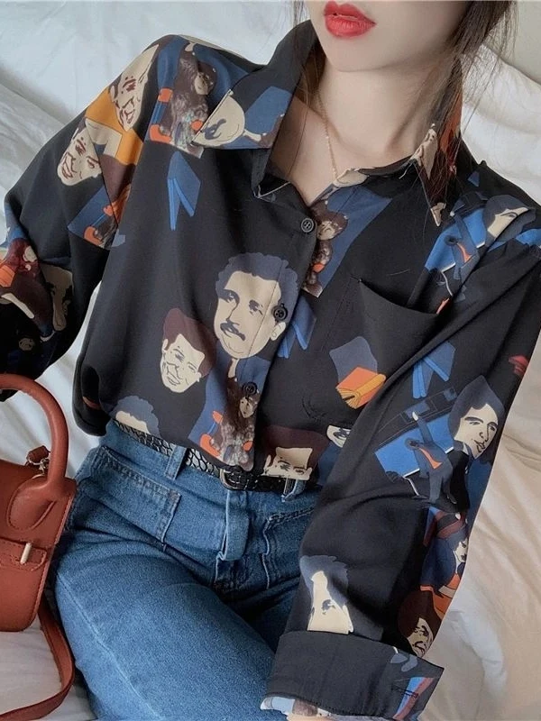 

Early Autumn Loose Printed Shirt Women Longs Cleanfit Style A-Line Sleeve Polyester Fabric Short Sleeve Thin Model KH660340
