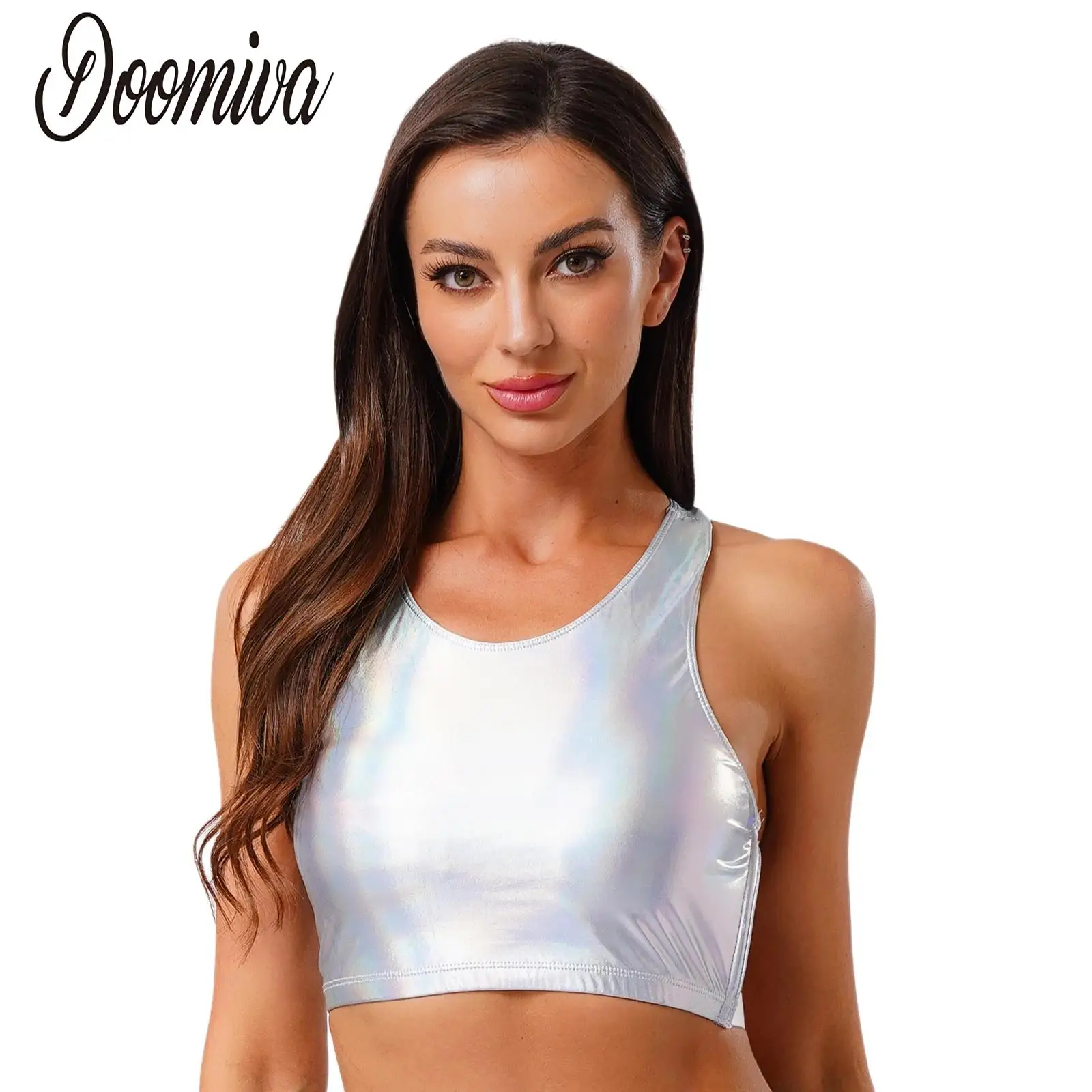 

Women Metallic Shiny Back Hollow Out Crop Tops Crew Neck Sleeveless Slim Tank Top Cropped Vest for Club Raves Music Festival