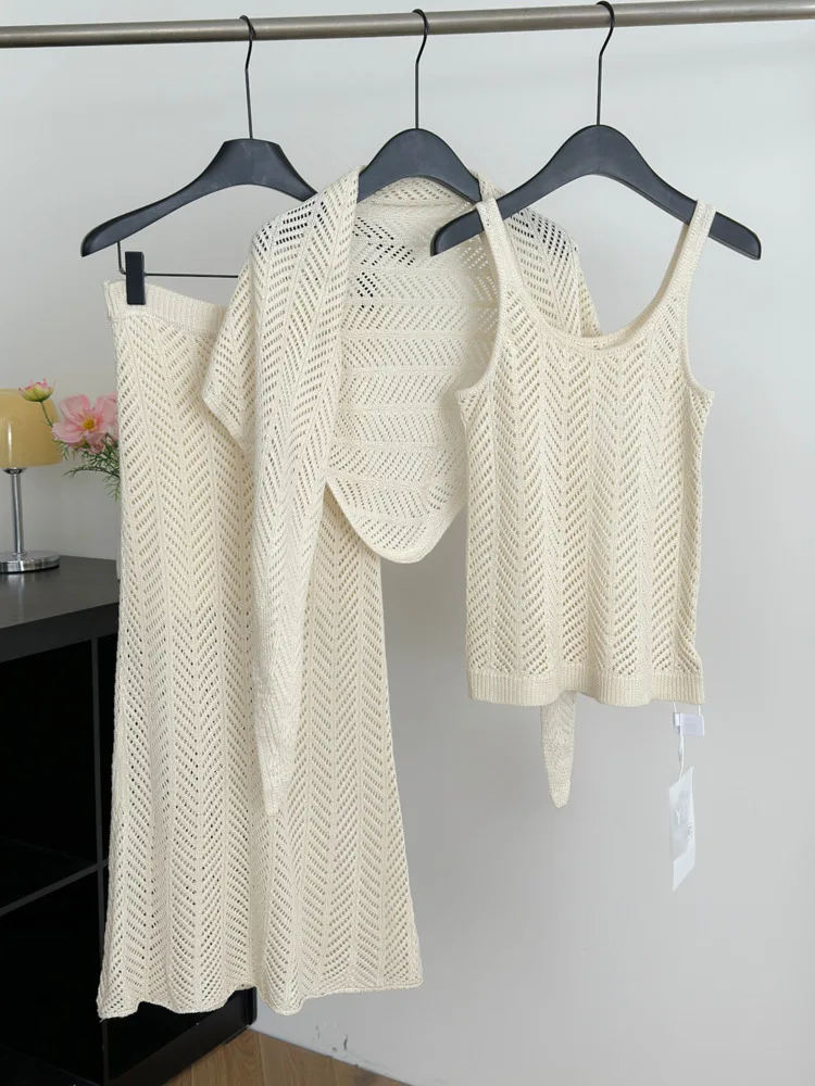 

2025 Solid Knitted Hollow Top Skirt Women 3-piece Set Ribbon Coverups O-neck Camisole Lounge Long Skirt Holiday Casual Clothes