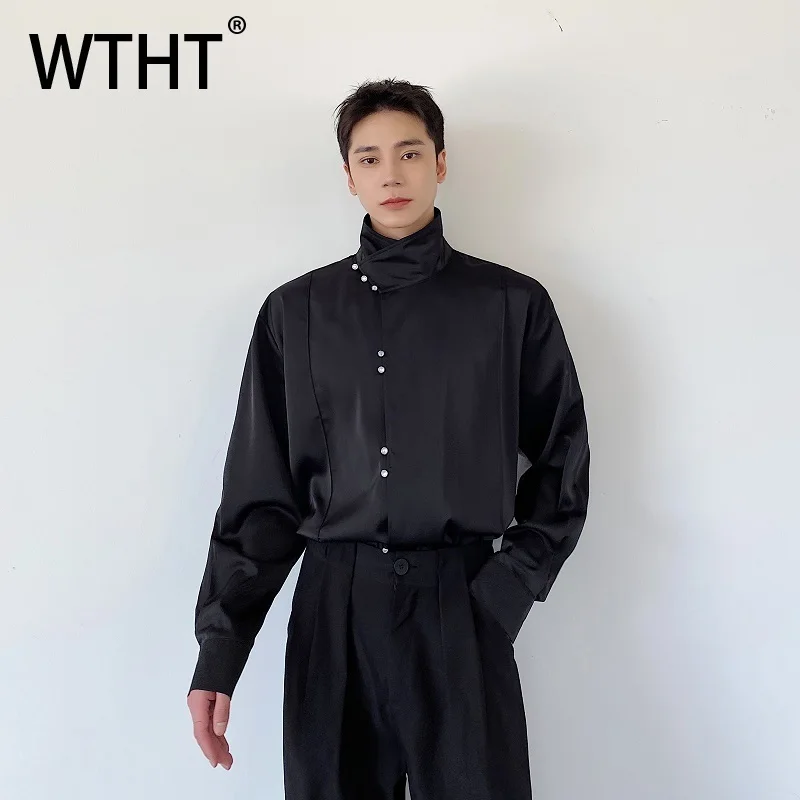 

WTHT Trendy Men's Solid Color Spliced Diamond Design Casual Shirts Fashion 205 Autumn Stand Collar Long Sleeves Tops Male 2A1600