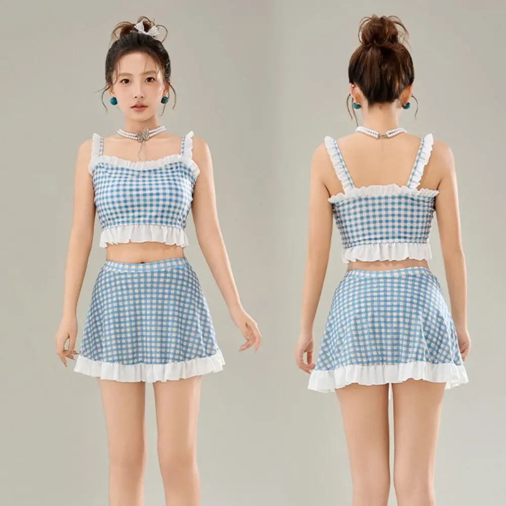 

Ruffled Edge Stripe Grid Swimsuit Suit Sweet Beachwear Skirt Bathing Suit Hot Spring Clothing Two Pieces Swimwear Bikini Set